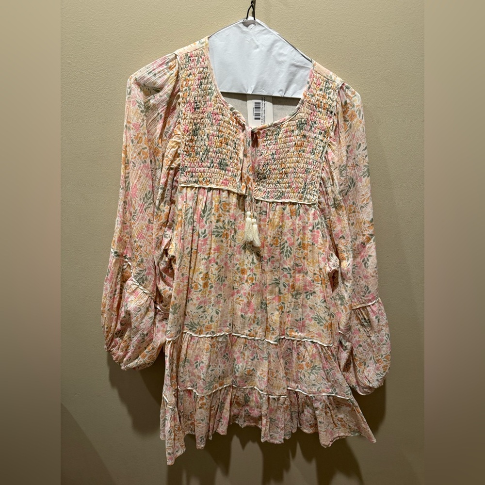 New Boho Pastel Floral Mini Dress Women’s Small Pink Long Sleeve